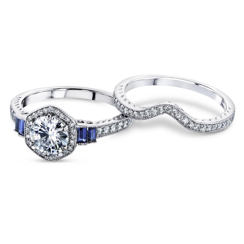Annello by Kobelli 14k White Gold 1 3/4ct.tw Hexagon Halo Mixed Gemstones Bridal Set (DEF/VS, Blue, GH/I)