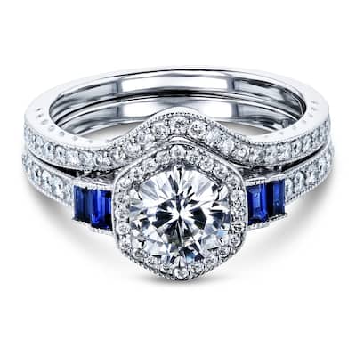 Annello by Kobelli 14k White Gold 1 3/4ct.tw Hexagon Halo Mixed Gemstones Bridal Set (DEF/VS, Blue, GH/I)