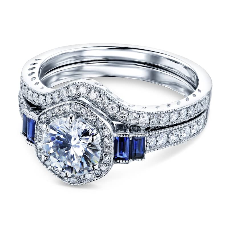 Annello by Kobelli 14k White Gold 1 3/4ct.tw Hexagon Halo Mixed Gemstones Bridal Set (DEF/VS, Blue, GH/I)