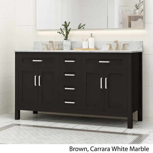 Greeley Contemporary 60 Wood Double Sink Bathroom Vanity With Carrera Marble Top By Christopher Knight Home Overstock