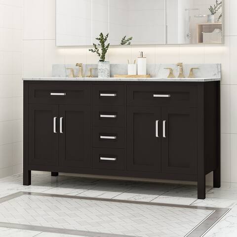 Greeley Contemporary 60" Wood Double Sink Bathroom Vanity with Carrera Marble Top by Christopher Knight Home