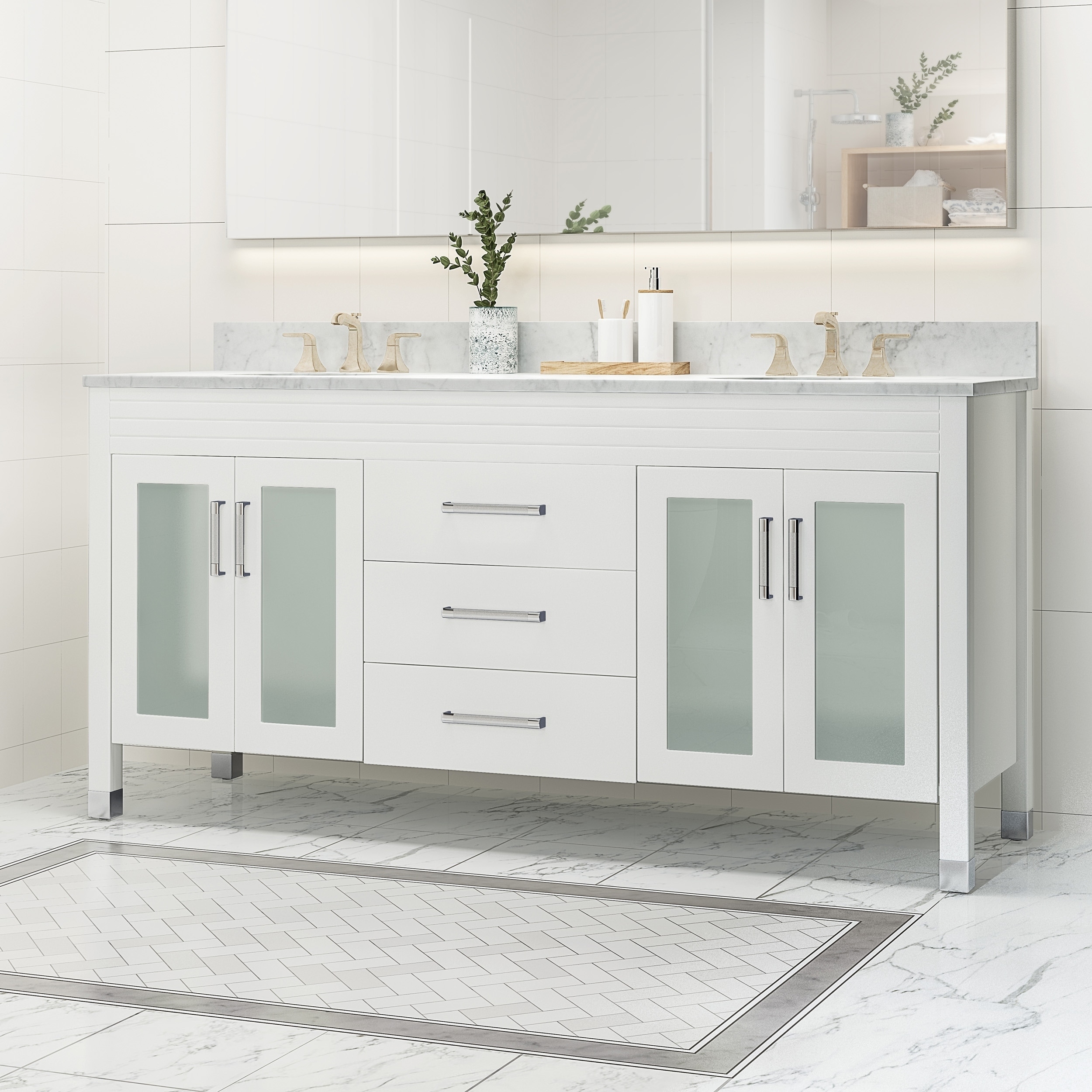 Shop Holdame Contemporary 72 Wood Double Sink Bathroom Vanity With Carrera Marble Top By Christopher Knight Home On Sale Overstock 25716188