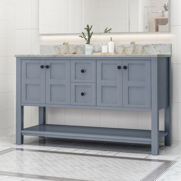 Jamison Contemporary 60" Wood Double Sink Bathroom Vanity with Carrera Marble Top by Christopher Knight Home