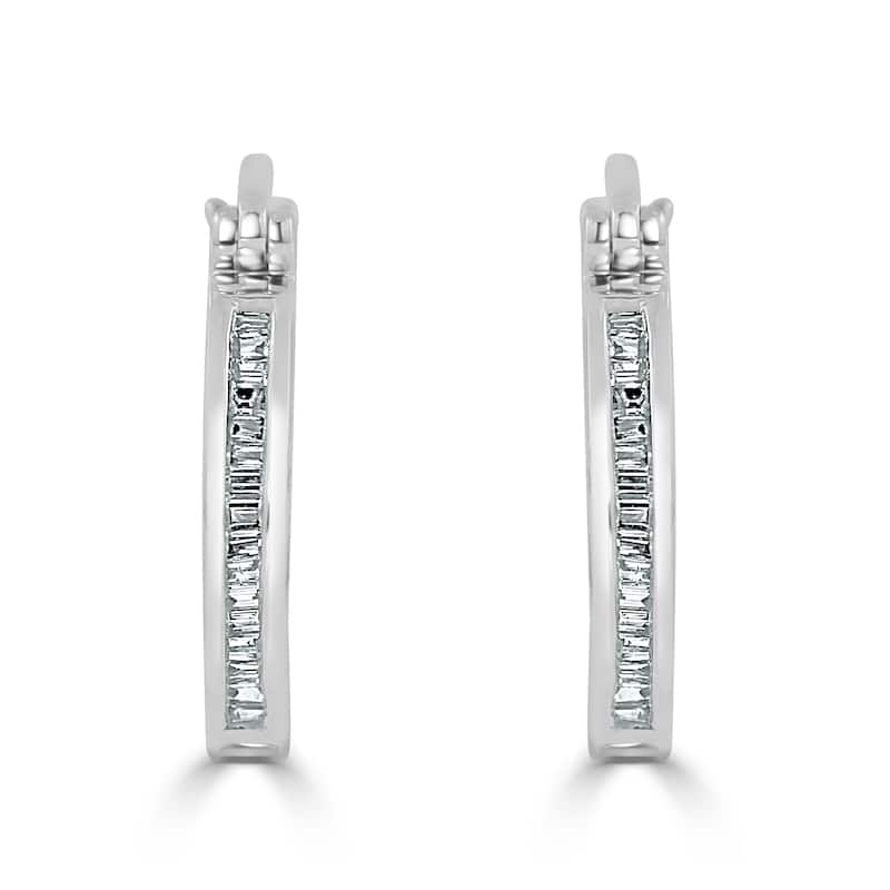 Auriya 1/6ctw Ultra-Petite Baguette Diamond Hoop Earrings 10K Gold - 0.68-inch (H-I, I1-I2)