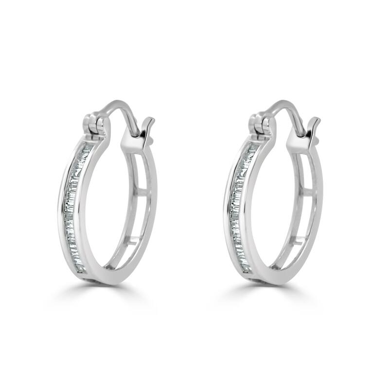 Auriya 1/6ctw Ultra-Petite Baguette Diamond Hoop Earrings 10K Gold - 0.68-inch (H-I, I1-I2) - White Gold