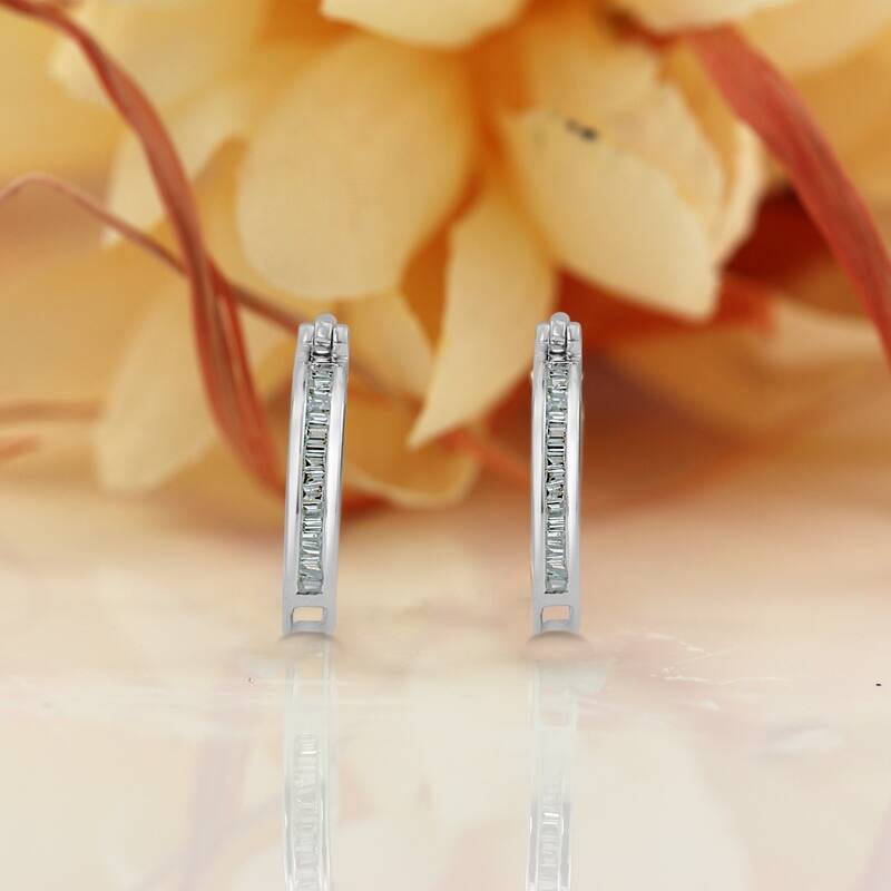 Auriya 1/6ctw Ultra-Petite Baguette Diamond Hoop Earrings 10K Gold - 0.68-inch (H-I, I1-I2)