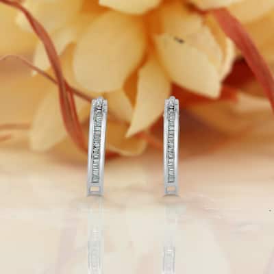 Auriya 1/6ctw Ultra-Petite Baguette Diamond Hoop Earrings 10K Gold - 0.68-inch (H-I, I1-I2)