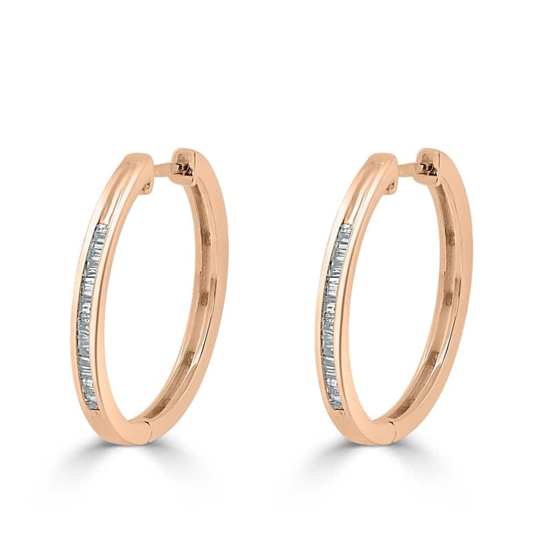 Auriya 1/5ctw Ultra-Petite Baguette Diamond Hoop Earrings 10K Gold - 0.85-inch (H-I, I1-I2) - Rose Gold