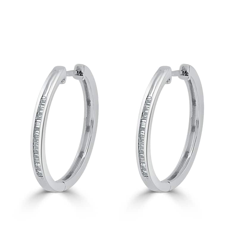Auriya 1/5ctw Ultra-Petite Baguette Diamond Hoop Earrings 10K Gold - 0.85-inch (H-I, I1-I2) - White Gold