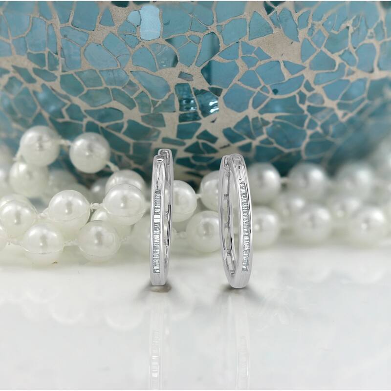 Auriya 1/5ctw Ultra-Petite Baguette Diamond Hoop Earrings 10K Gold - 0.85-inch (H-I, I1-I2)