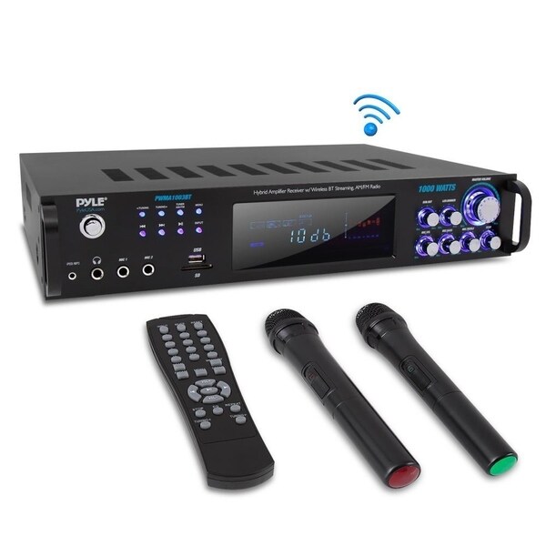 Pyle Bluetooth Home Amplifier Receiver & Microphone System Hybrid Pre-Amplifier w/ (2) Wireless Microphones, USB