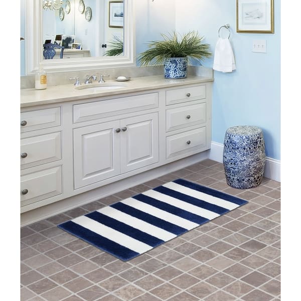 Beach Stripe Indigo White Washable Bath Rug Indigo White Washable Bath Rug
