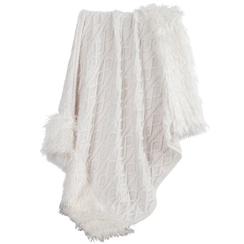 HiEnd Accents Nordic Cable Knit Throw with Faux Mongolian Fur Trim, 50x80 White
