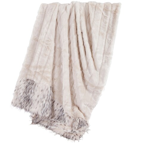 HiEnd Accents Oversized White Faux Mink Throw with Faux Snow Leopard Fur Detail, 50x80 White