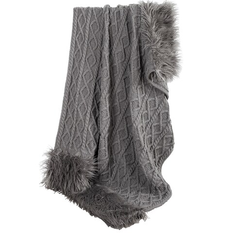 HiEnd Accents Nordic Cable Knit Throw with Faux Mongolian Fur Trim, 50x80 Grey