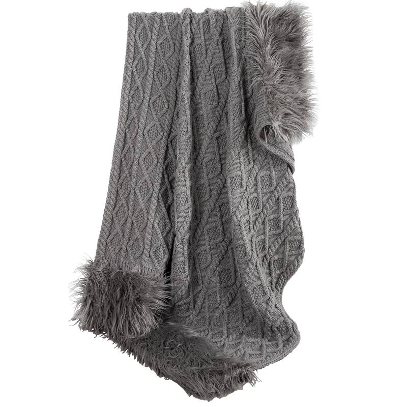 HiEnd Accents Nordic Cable Knit & Mongolian Fur Oversized Throw Blanket, 50" x 80", Gray, 1PC