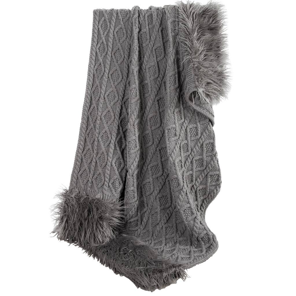 HiEnd Accents Nordic Cable Knit & Mongolian Fur Oversized Throw Blanket, 50" x 80", Gray, 1PC