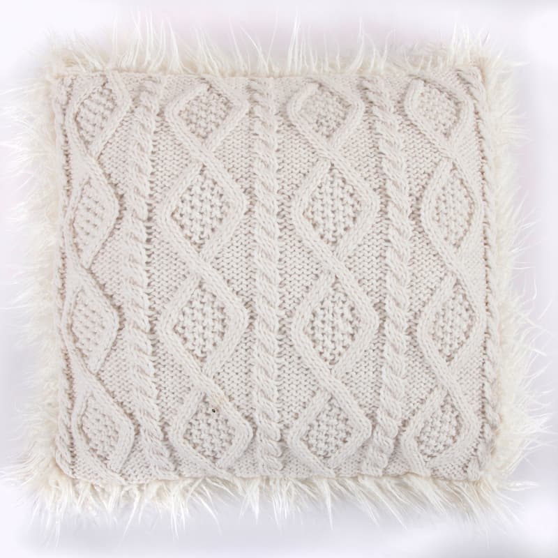 Hiend Accents Nordic Cable Knit & Mongolian Fur Throw Pillow, 18" x 18", White, 1PC