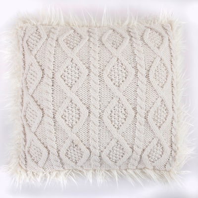 Hiend Accents Nordic Cable Knit & Mongolian Fur Throw Pillow, 18" x 18", White, 1PC