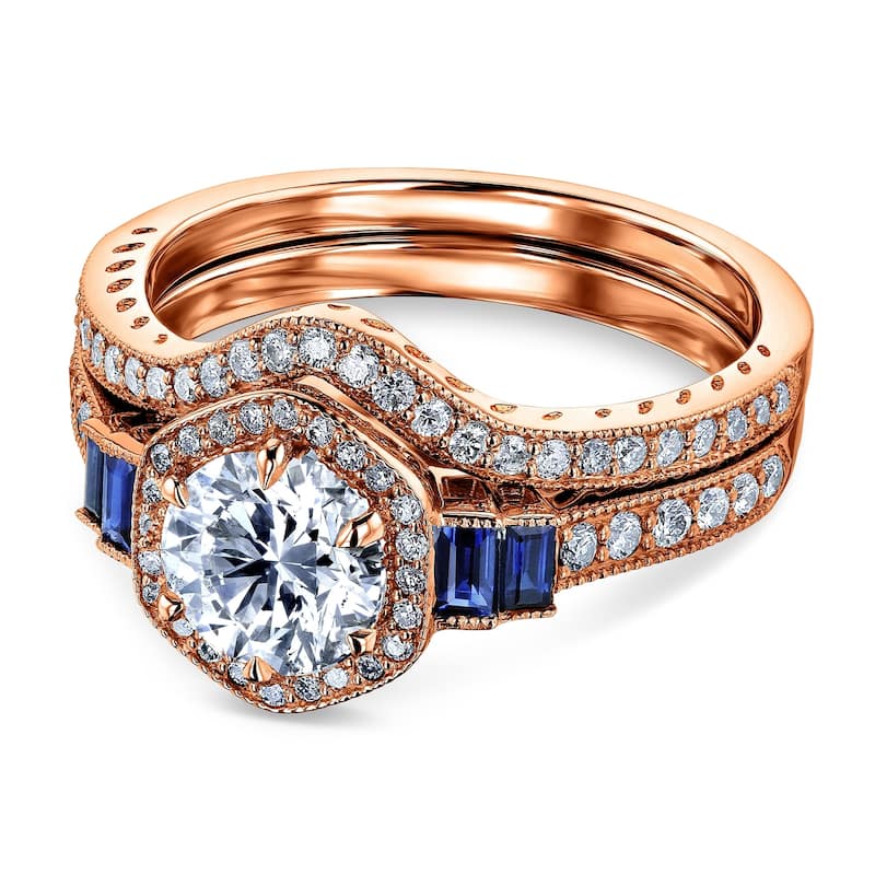 Annello by Kobelli 14k Gold 1-3/4ct.tw Hexagon Halo Sapphire and Diamond Bridal Set