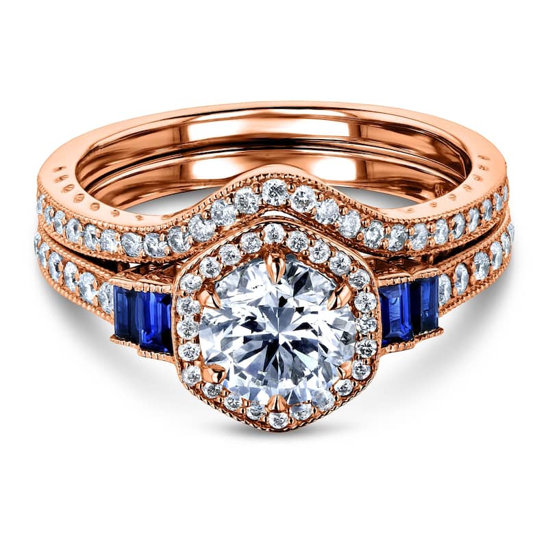 Annello by Kobelli 14k Gold 1-3/4ct.tw Hexagon Halo Sapphire and Diamond Bridal Set