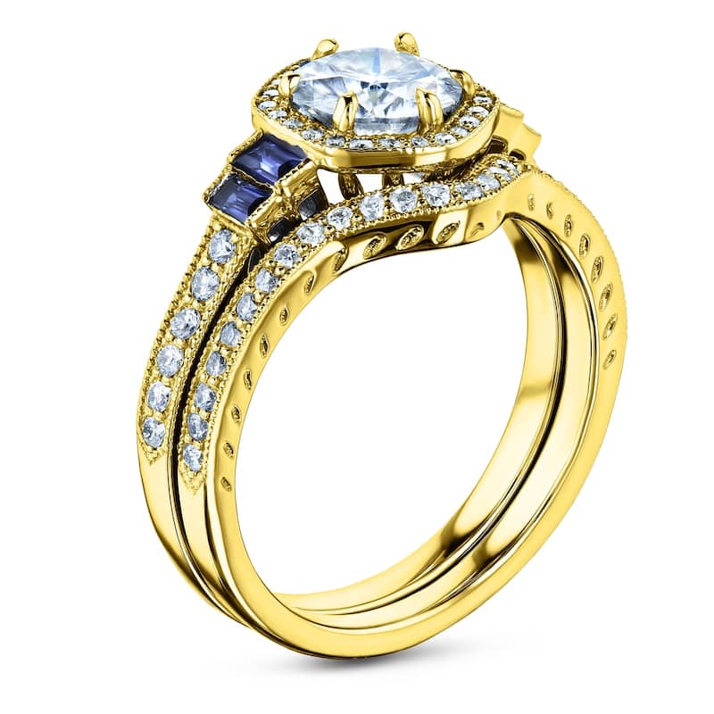 Annello by Kobelli 14k Gold 1-3/4ct.tw Hexagon Halo Sapphire and Diamond Bridal Set