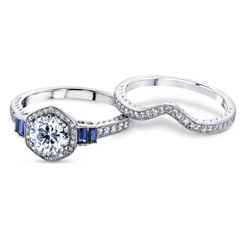 Annello by Kobelli 14k Gold 1-3/4ct.tw Hexagon Halo Sapphire and Diamond Bridal Set