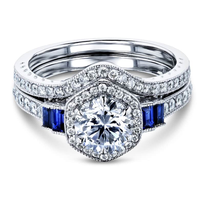 Annello by Kobelli 14k Gold 1-3/4ct.tw Hexagon Halo Sapphire and Diamond Bridal Set