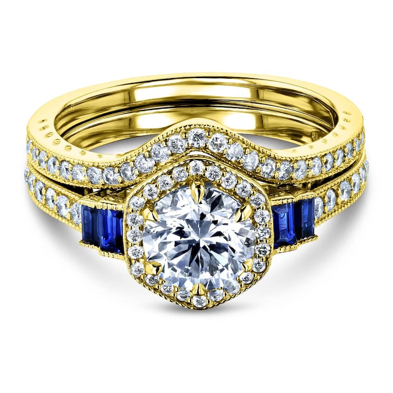 Annello by Kobelli 14k Gold 1-3/4ct.tw Hexagon Halo Sapphire and Diamond Bridal Set
