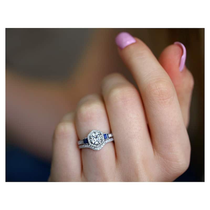Annello by Kobelli 14k Gold 1-3/4ct.tw Hexagon Halo Sapphire and Diamond Bridal Set