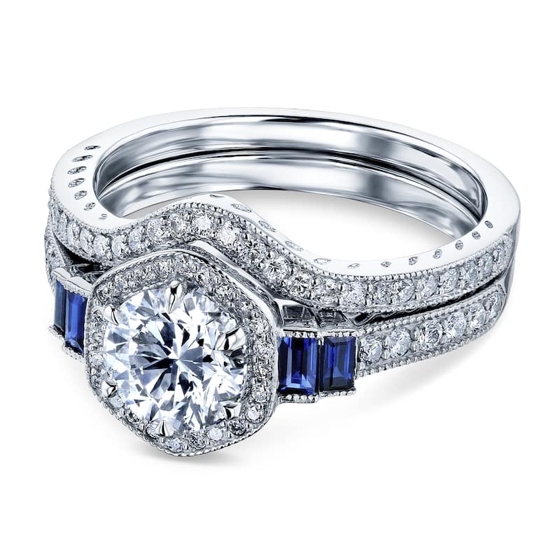 Annello by Kobelli 14k Gold 1-3/4ct.tw Hexagon Halo Sapphire and Diamond Bridal Set