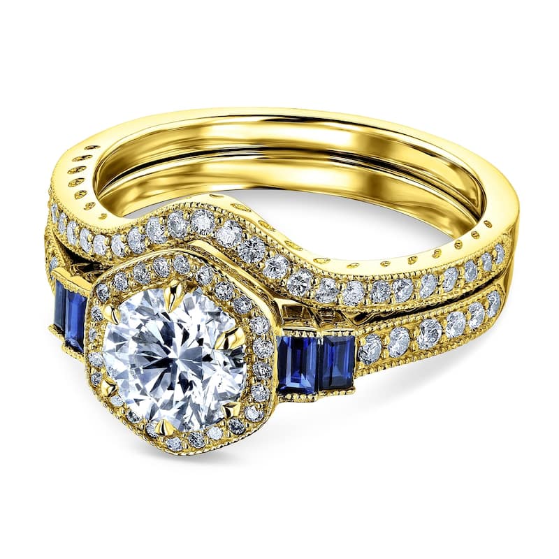 Annello by Kobelli 14k Gold 1-3/4ct.tw Hexagon Halo Sapphire and Diamond Bridal Set