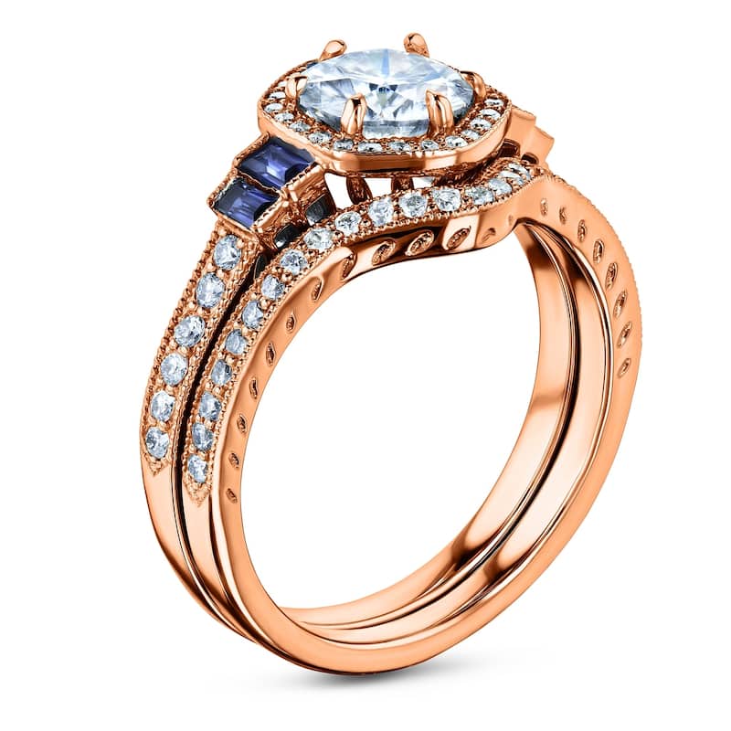 Annello by Kobelli 14k Gold 1-3/4ct.tw Hexagon Halo Sapphire and Diamond Bridal Set