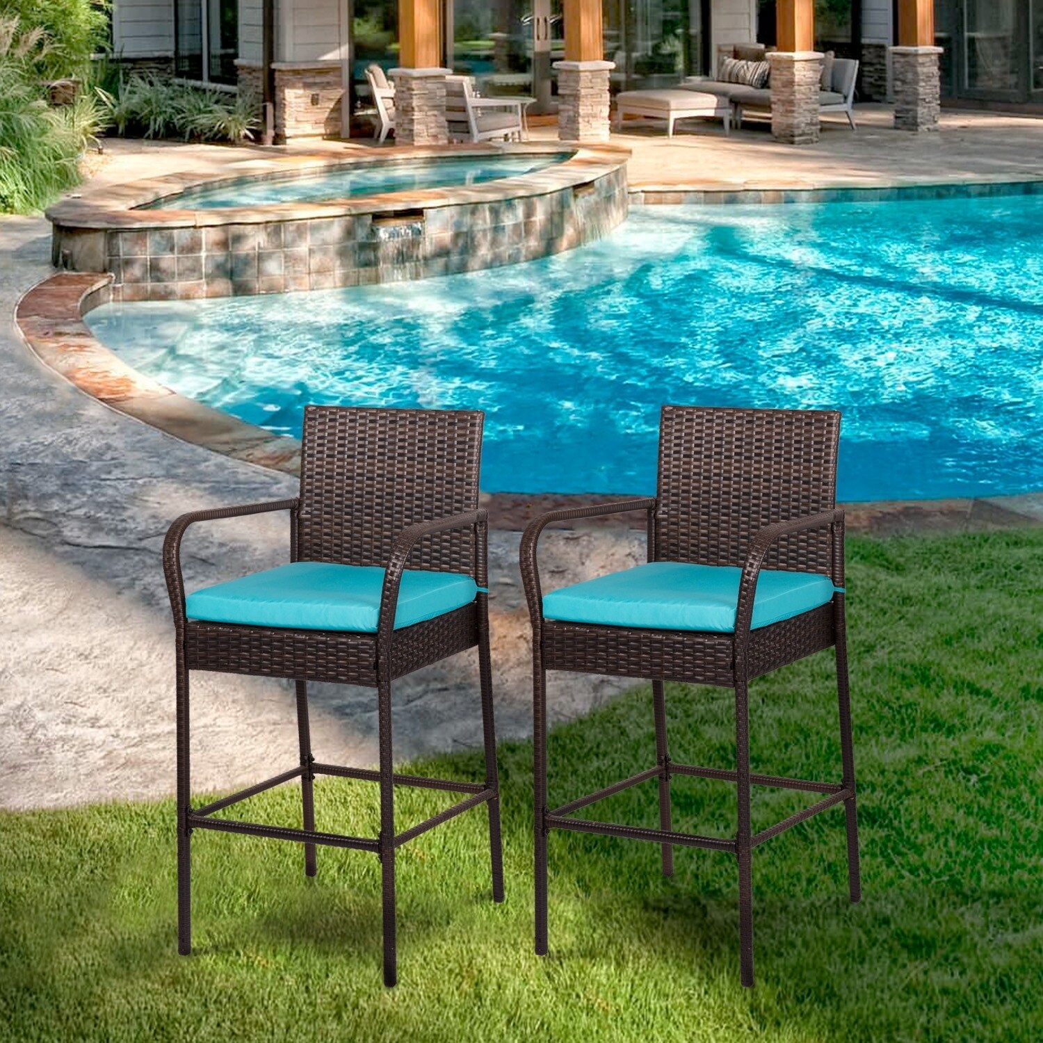 Shop Black Friday Deals On Kinbor Set Of 2 Patio Bar Stool Outdoor Wicker Barstool Backyard High Chair Pool Furniture With Cushions On Sale Overstock 25724837