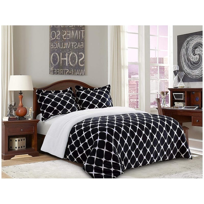 Elegant Comfort 3-Piece Bloomingdale Pattern Sherpa-Backing Reversible Comforter Set