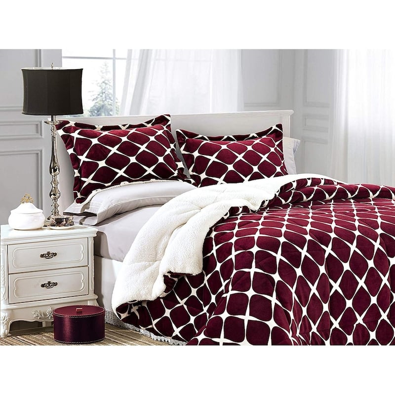 Elegant Comfort 3-Piece Bloomingdale Pattern Sherpa-Backing Reversible Comforter Set - Twin - Burgundy