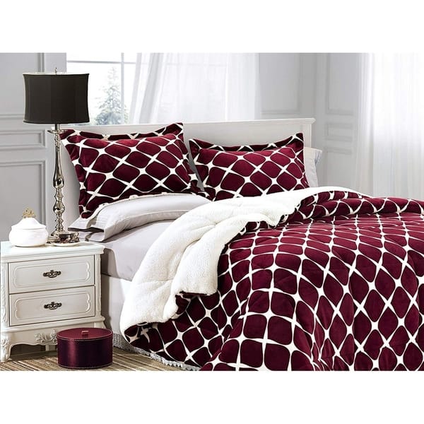 slide 2 of 30, Elegant Comfort 3-Piece Bloomingdale Pattern Sherpa-Backing Reversible Comforter Set Full - Burgundy