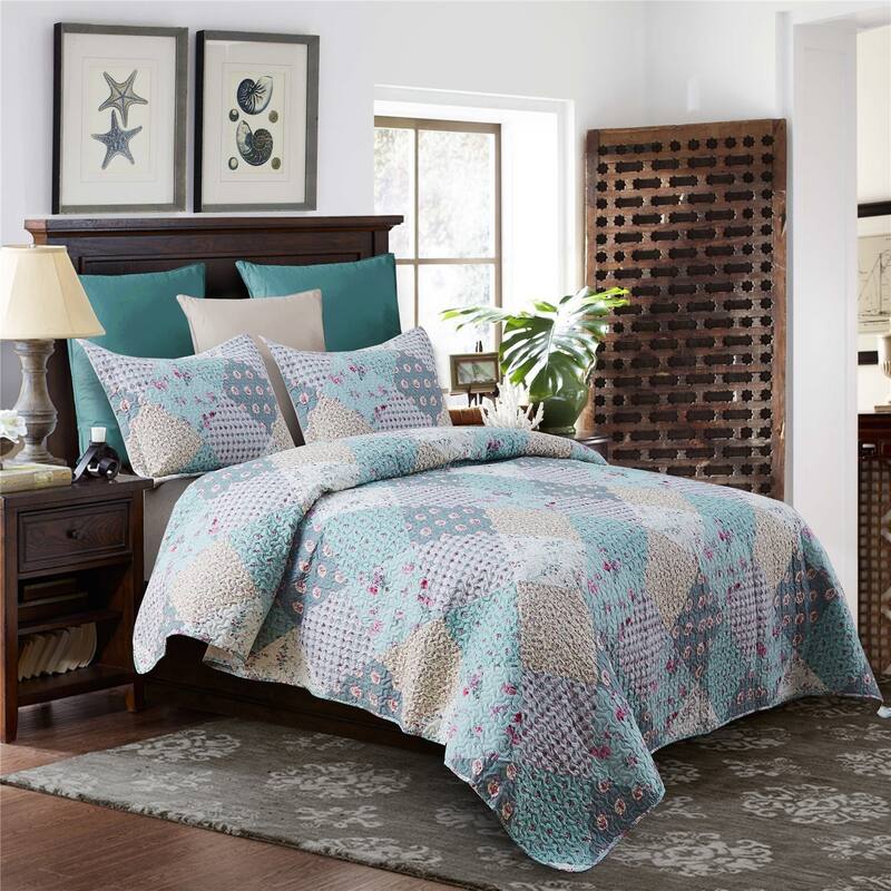 3 Piece Printed Lightweight Bedding Quilt Set - Teal