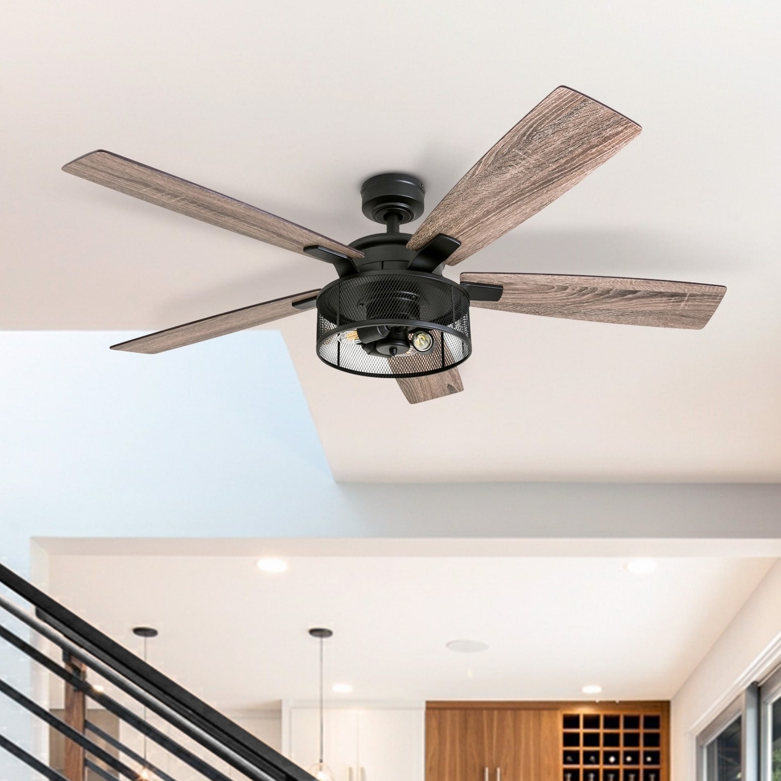 Honeywell Carnegie Matte Black Led Industrial Ceiling Fan With Remote Mesh Drum Lighting And Edison Bulbs 52 Inch