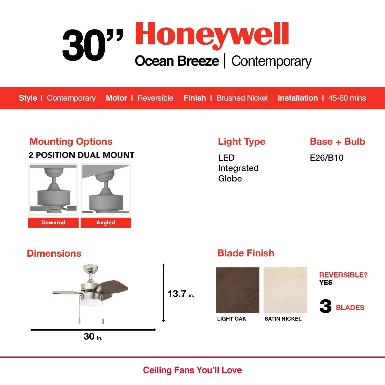 Honeywell Ocean Breeze 30 Brushed Nickel Small Led Ceiling Fan With Light