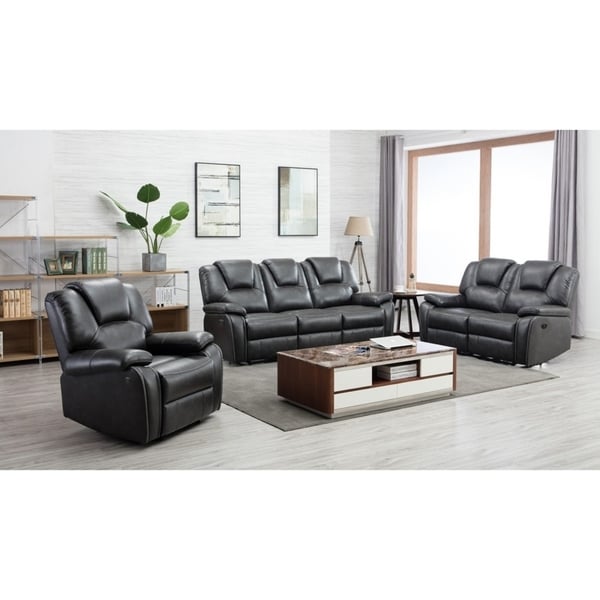 Shop Grey Faux Leather Upholstered Power 3 Piece Sofa set ...