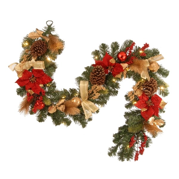 National Tree Company 72" Decorated Christmas Garland with Ornaments, Berries, Cones, Red Ribbon, Poinsettias and LED Lights. Opens flyout.