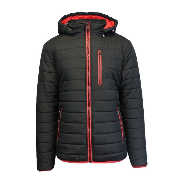 Spire By Galaxy Men s Heavyweight Puffer Jacket with Detachable Hood in Black Orange L As Is Item Bed Bath Beyond 25751014