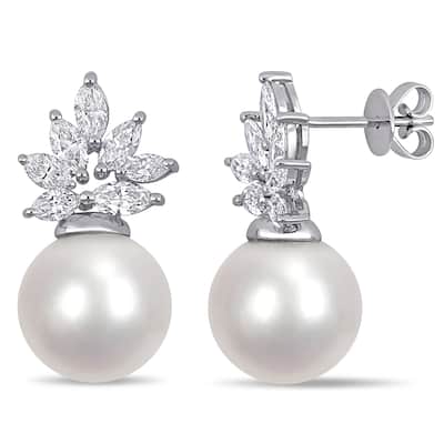 Miadora 14k White Gold South Sea Cultured Pearl 1-1/2ct TDW Diamond Marquise Cluster Earrings (11-12 mm)