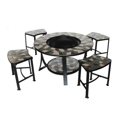 ALEKO Round Mosaic Tile Convertible Fire Pit Table with 4 Coordinating Stools Grey