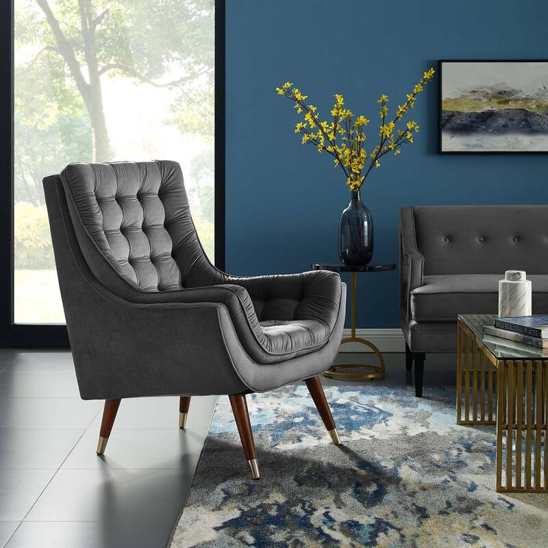 Modway Suggest Button Tufted Upholstered Velvet Lounge Chair, Gray
