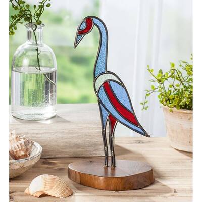 Stained Glass Crane with Teak Wood Base