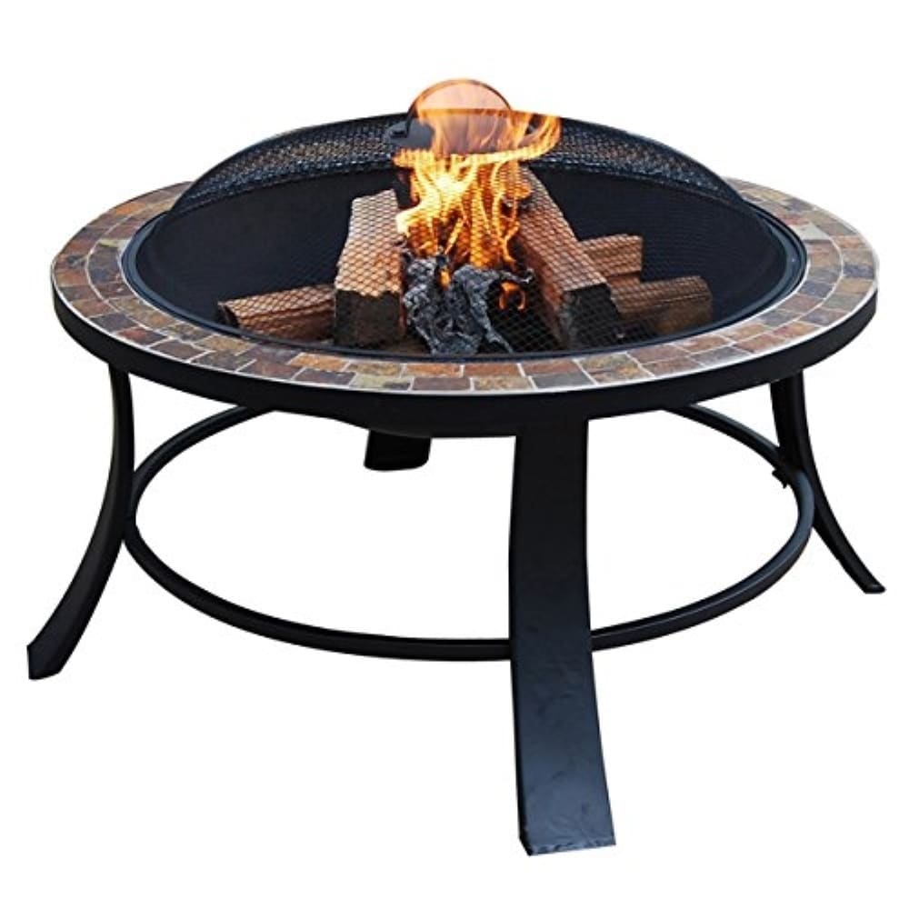 Aleko Compact Round Mosaic Tile Slated Top Fire Pit Brown Brown