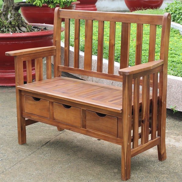 International Caravan 3-Drawer Acacia Bench w/Arms