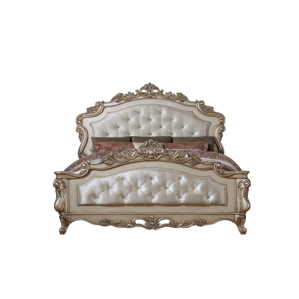 ACME Gorsedd Queen Bed, Cream Fabric and Gold Ivory - Bed Bath